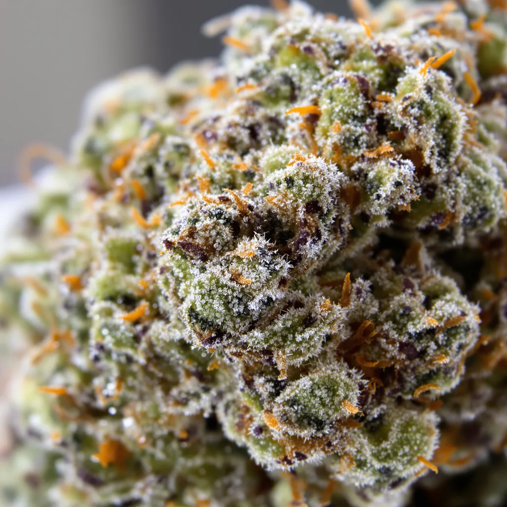 Gros plan de fleur de cannabis Grease Monkey montrant structure équilibrée avec trichomes givrés