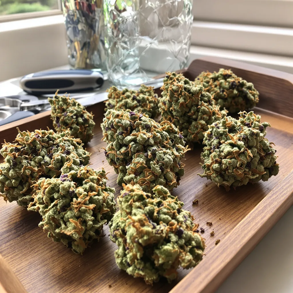 Grease Monkey 48% indica / 52% sativa — fleur avec trichomes visibles