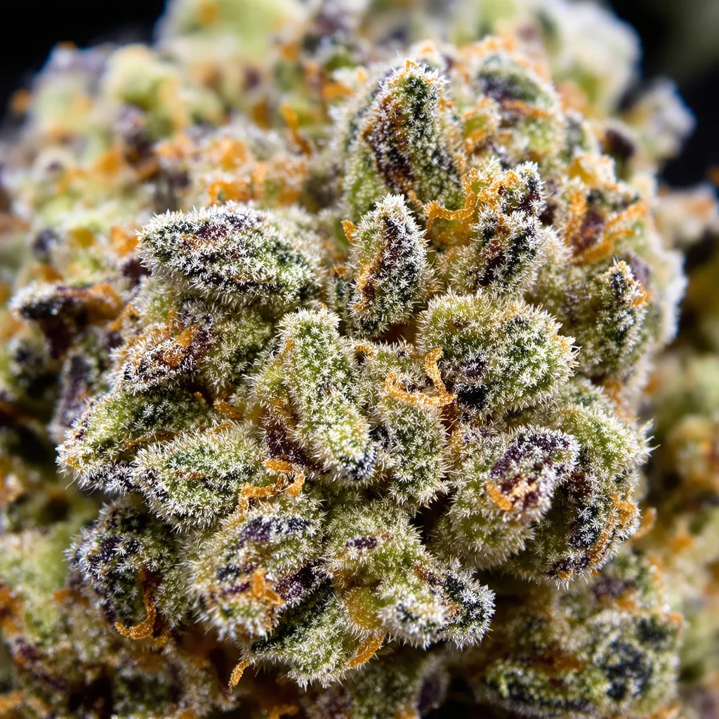 Gros plan de fleur de cannabis Grease Monkey montrant structure équilibrée avec trichomes givrés