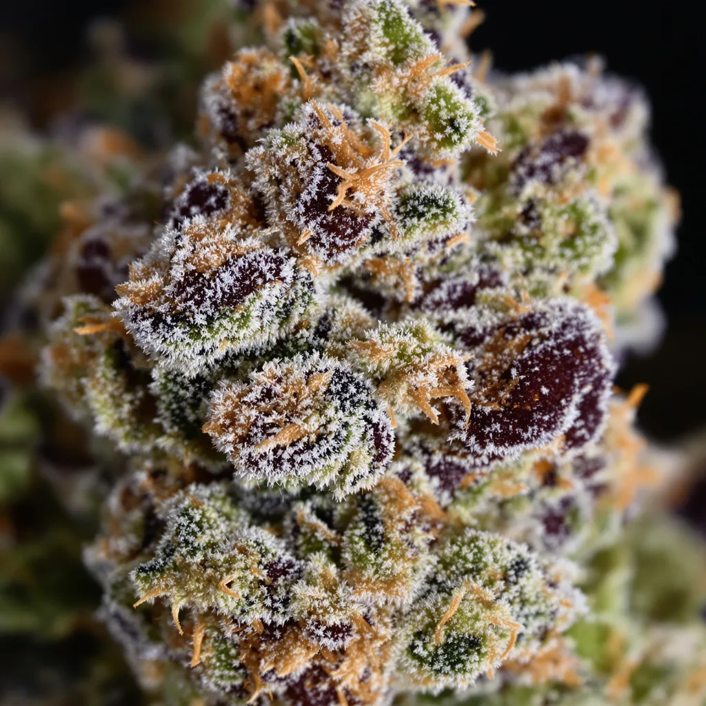 Gros plan de fleur de cannabis Great White Shark montrant calices denses aux reflets violets