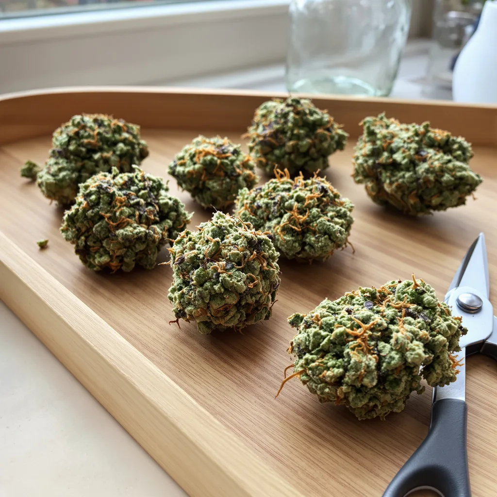 Green Avenger 47% indica / 53% sativa — fleur avec trichomes visibles