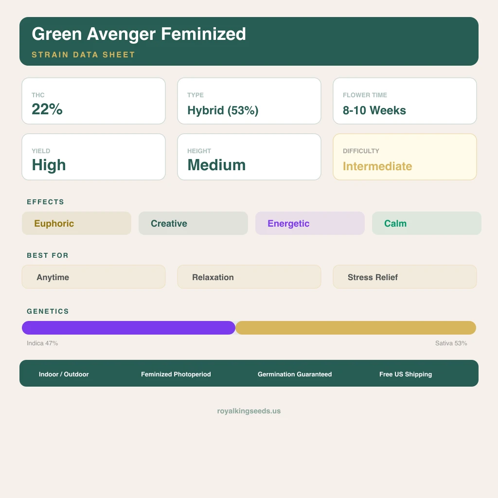 Green Avenger 47% indica / 53% sativa — fleur avec trichomes visibles