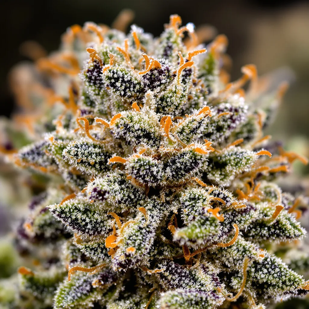 Gros plan de fleur de cannabis Green Avenger montrant structure équilibrée avec trichomes givrés