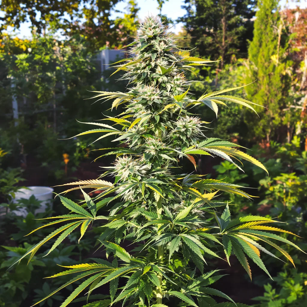 Green Avenger 47% indica / 53% sativa — fleur avec trichomes visibles