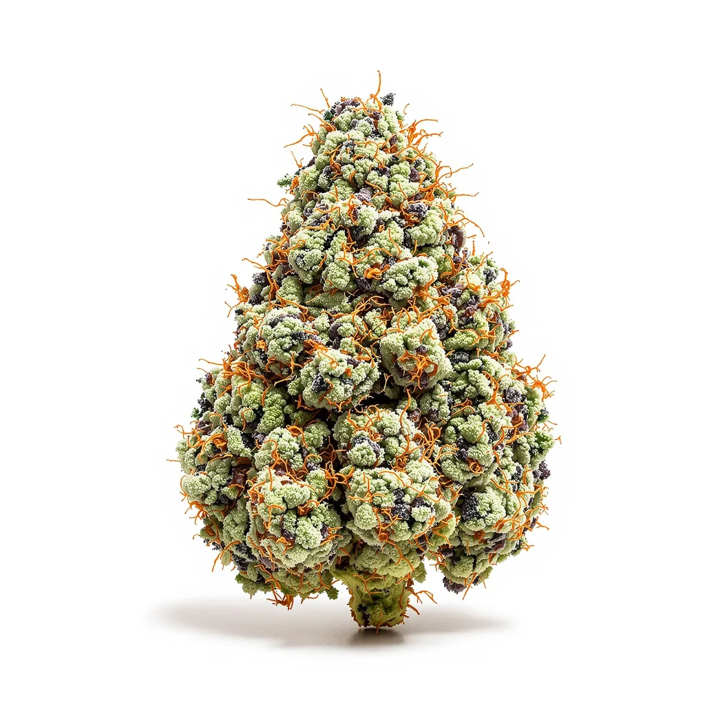 Green Avenger 47% indica / 53% sativa — fleur avec trichomes visibles