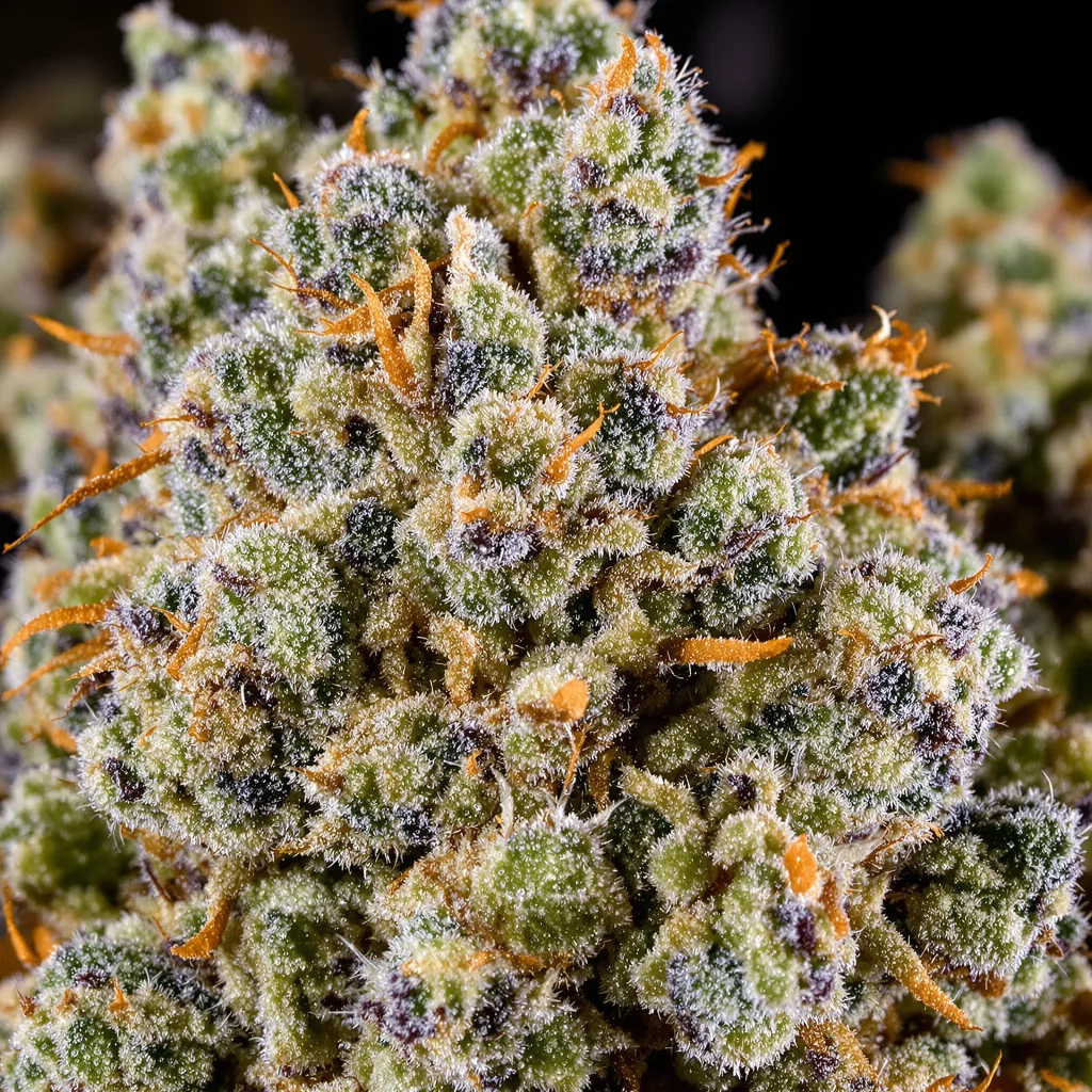 Gros plan de fleur de cannabis Green Candy montrant structure équilibrée avec trichomes givrés