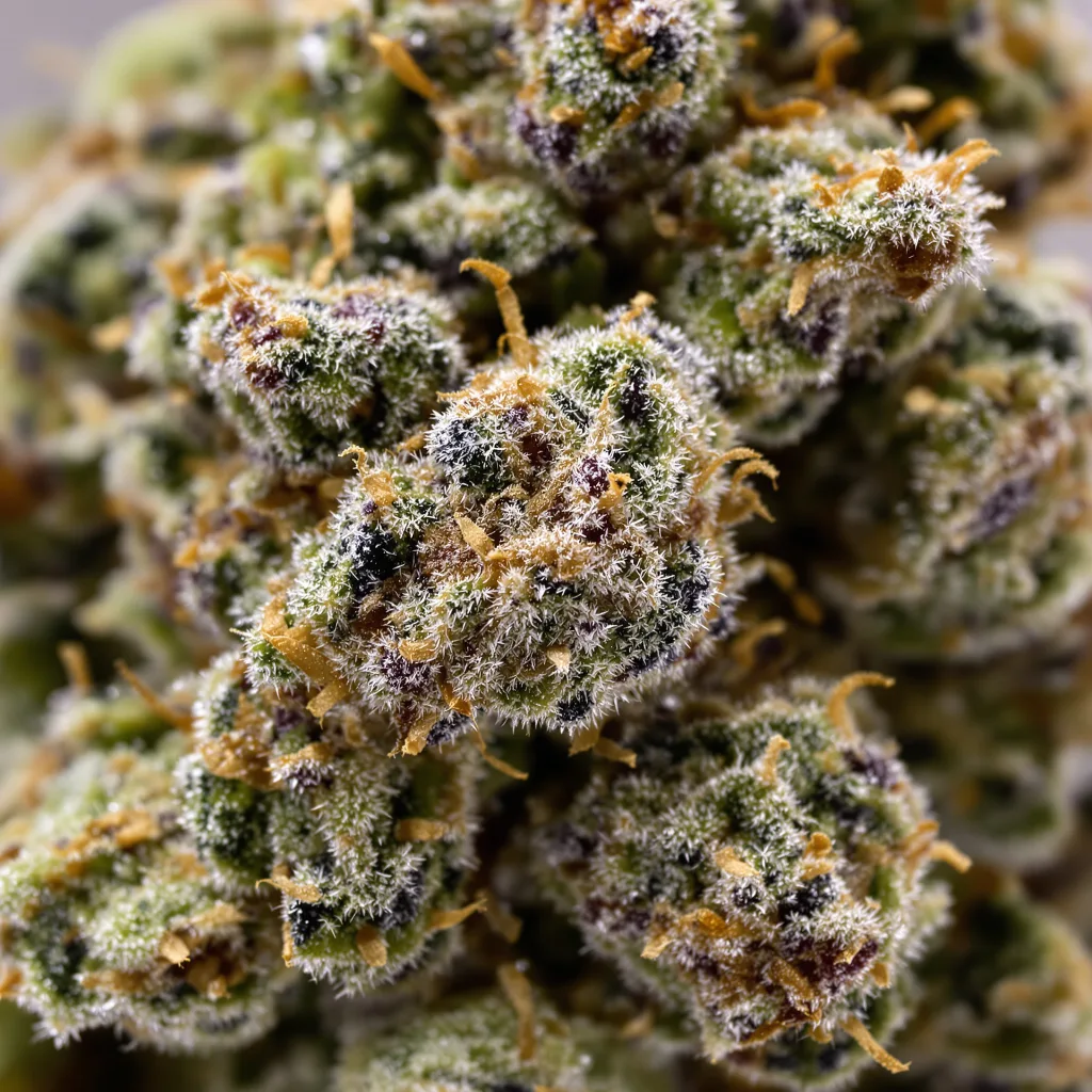Gros plan de fleur de cannabis Green Cheese montrant structure équilibrée avec trichomes givrés