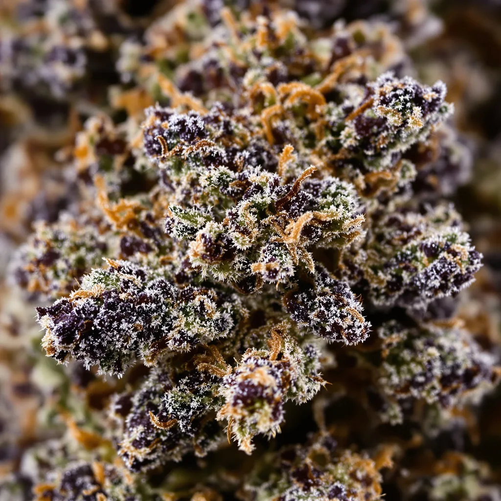Gros plan de fleur de cannabis Green Crack Punch montrant calices denses aux reflets violets