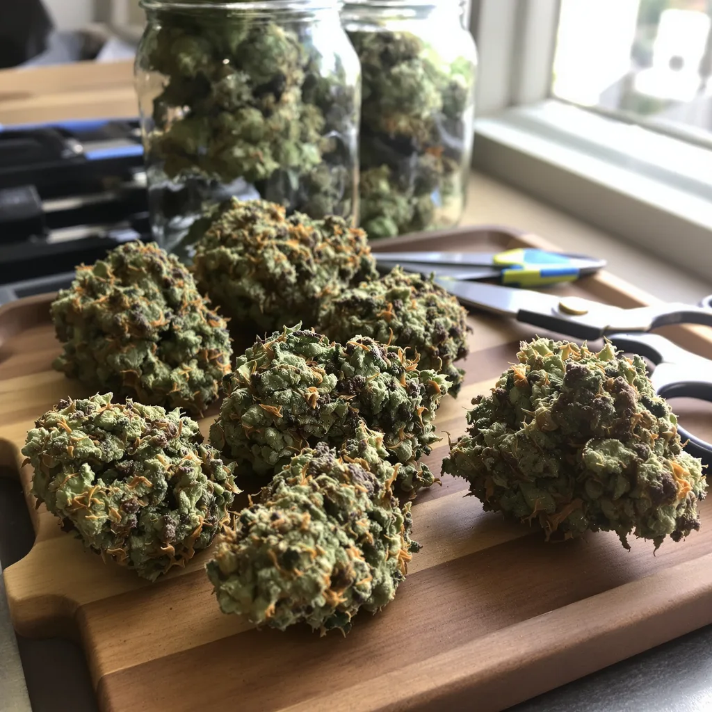 Green Door Kush 36% indica / 64% sativa — fleur avec trichomes visibles