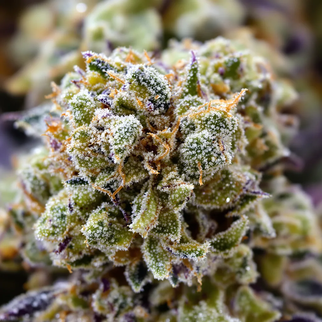 Gros plan de fleur de cannabis Green Door Kush montrant structure ouverte avec pistils orangés