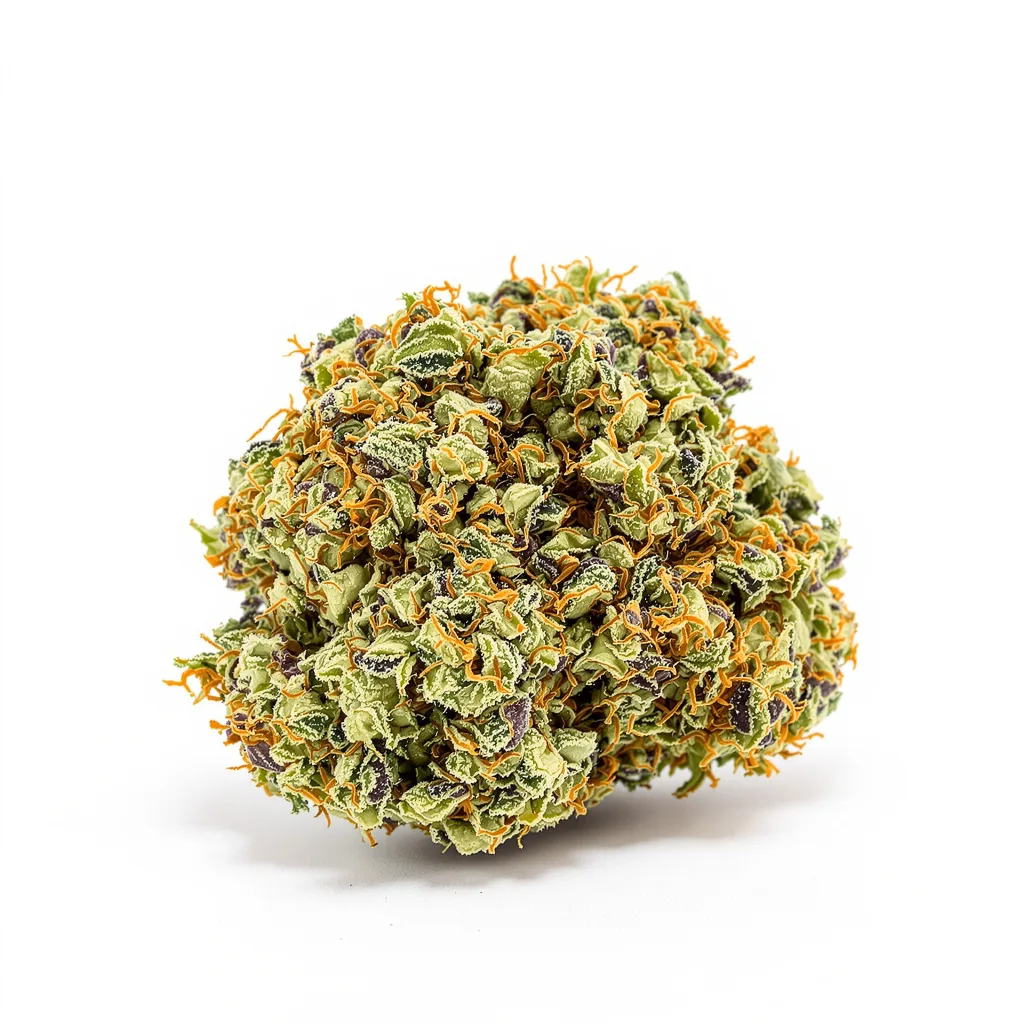 Green Door Kush 36% indica / 64% sativa — fleur avec trichomes visibles