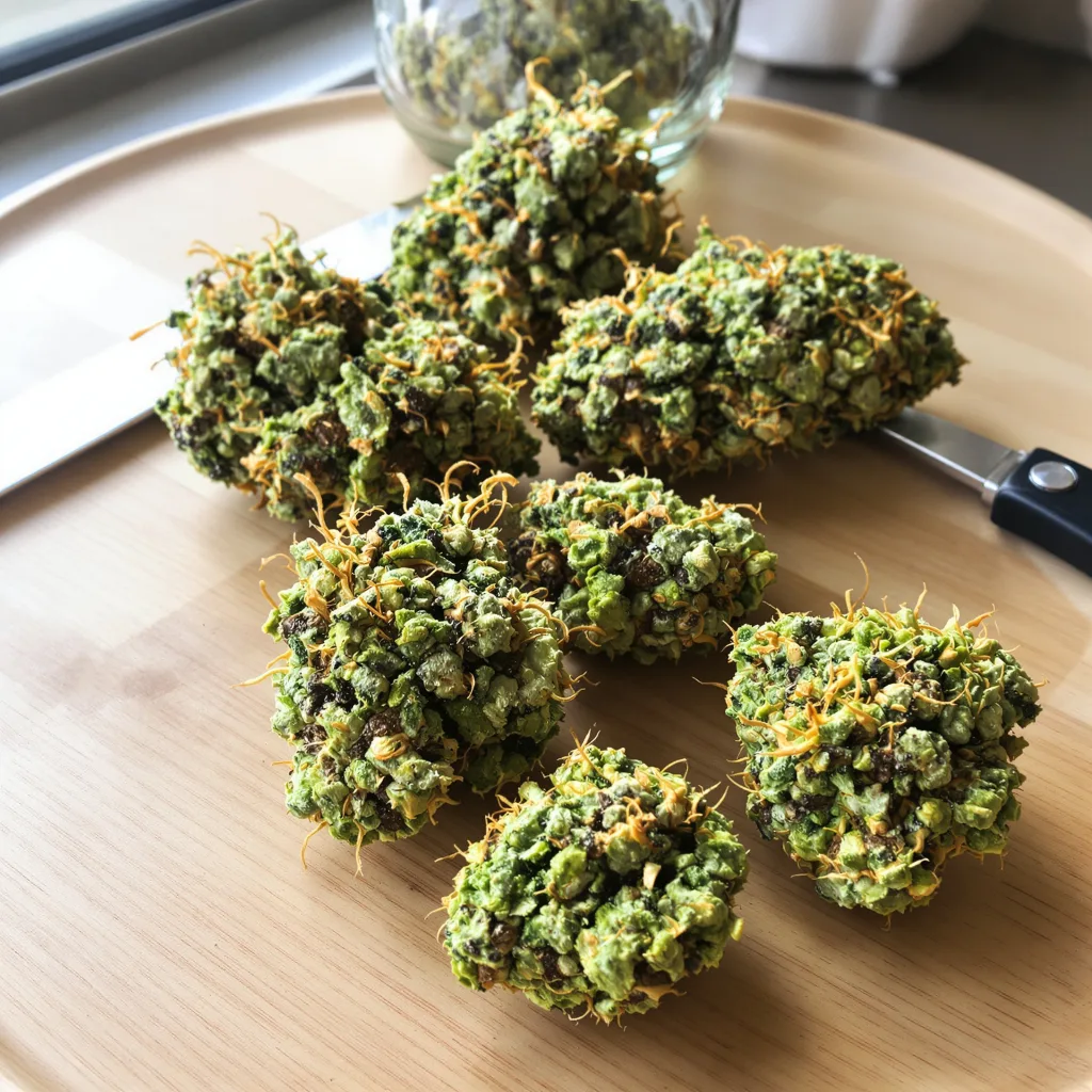 Green Dream 18% indica / 82% sativa — fleur avec trichomes visibles