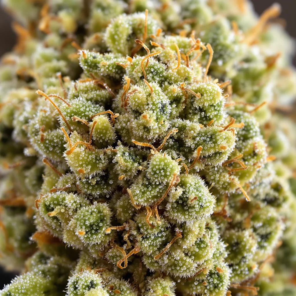 Gros plan de fleur de cannabis Green Dream montrant structure aérée vert lime
