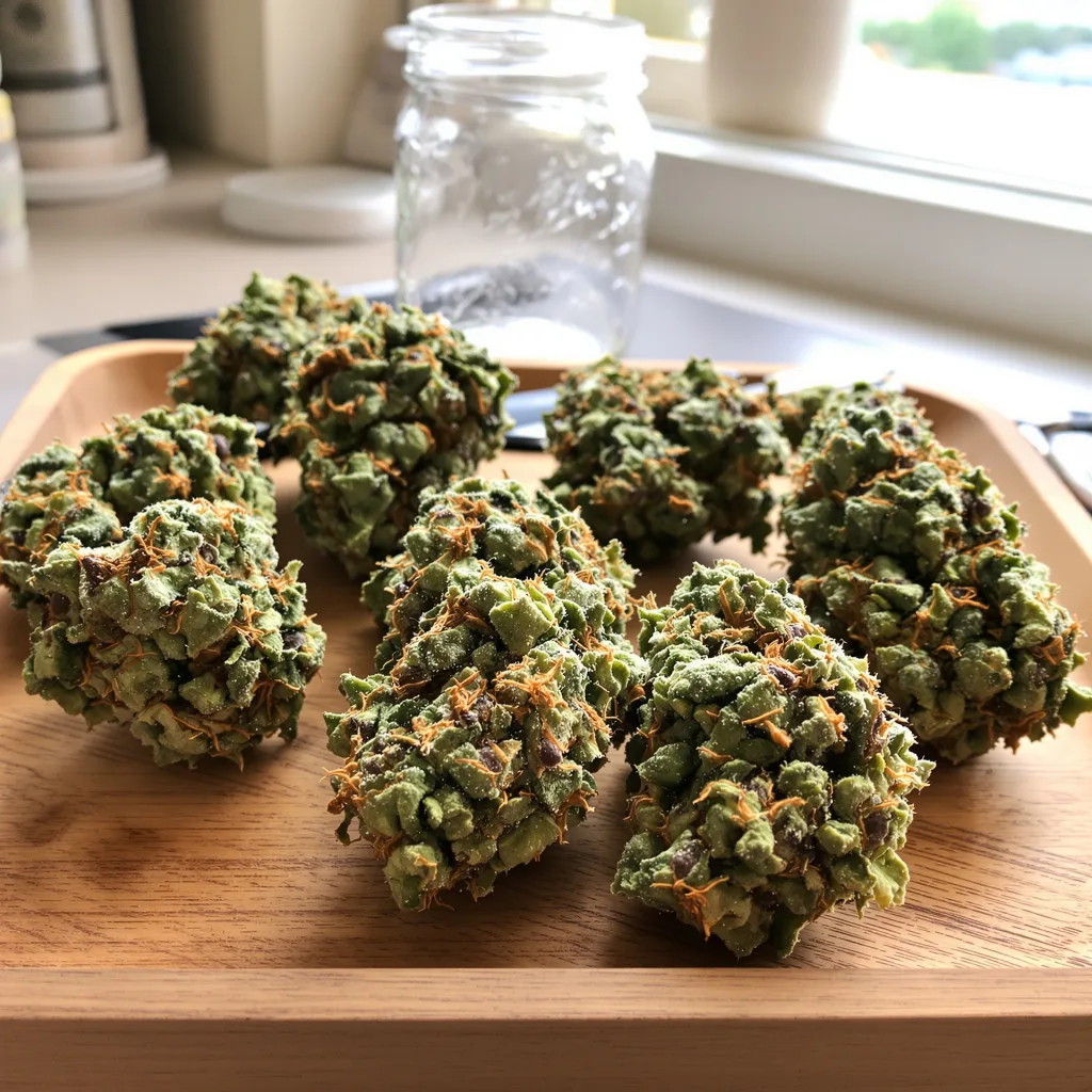 Green Goblin 48% indica / 52% sativa — fleur avec trichomes visibles