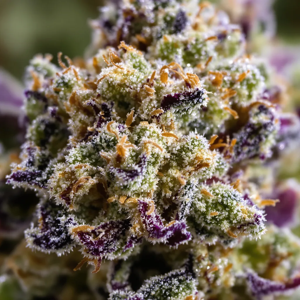Gros plan de fleur de cannabis Green Goblin montrant structure équilibrée avec trichomes givrés