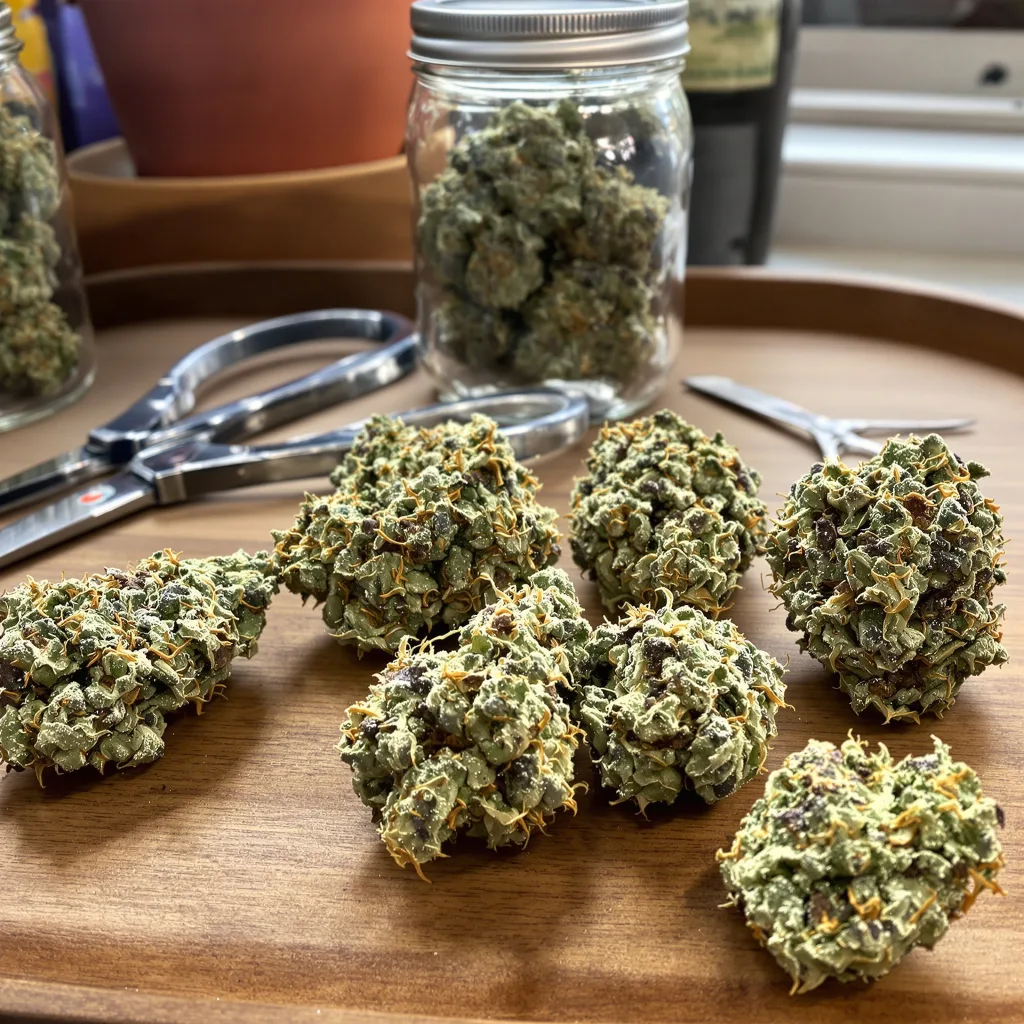 Green Goblin 48% indica / 52% sativa — fleur avec trichomes visibles