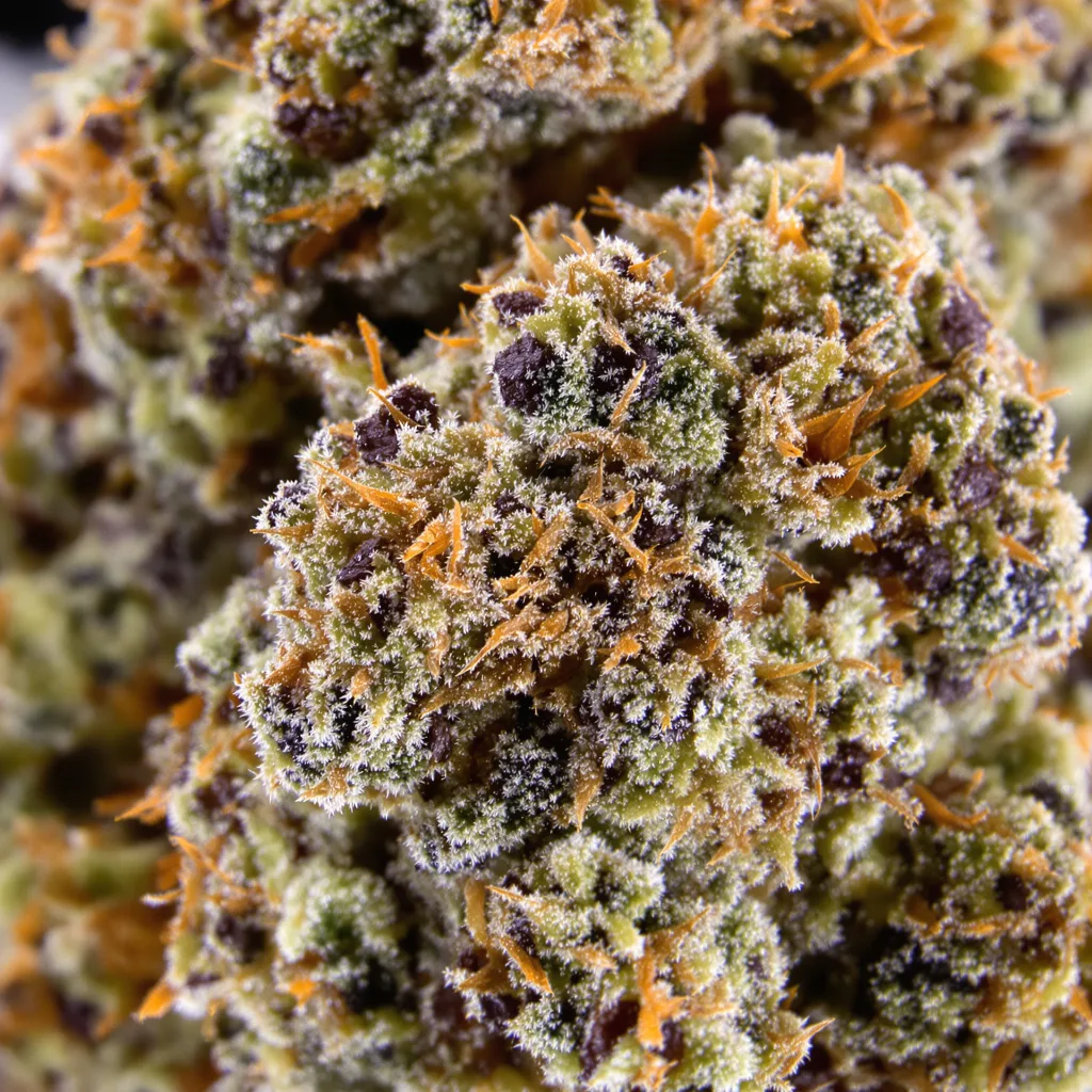 Gros plan de fleur de cannabis Green Goddess montrant calices denses aux reflets violets