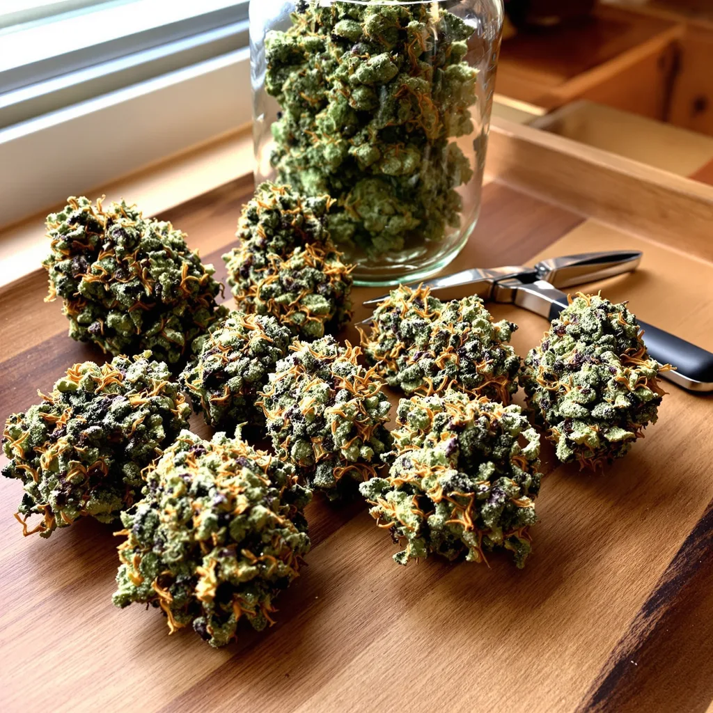 Green Kush 36% indica / 64% sativa — fleur avec trichomes visibles