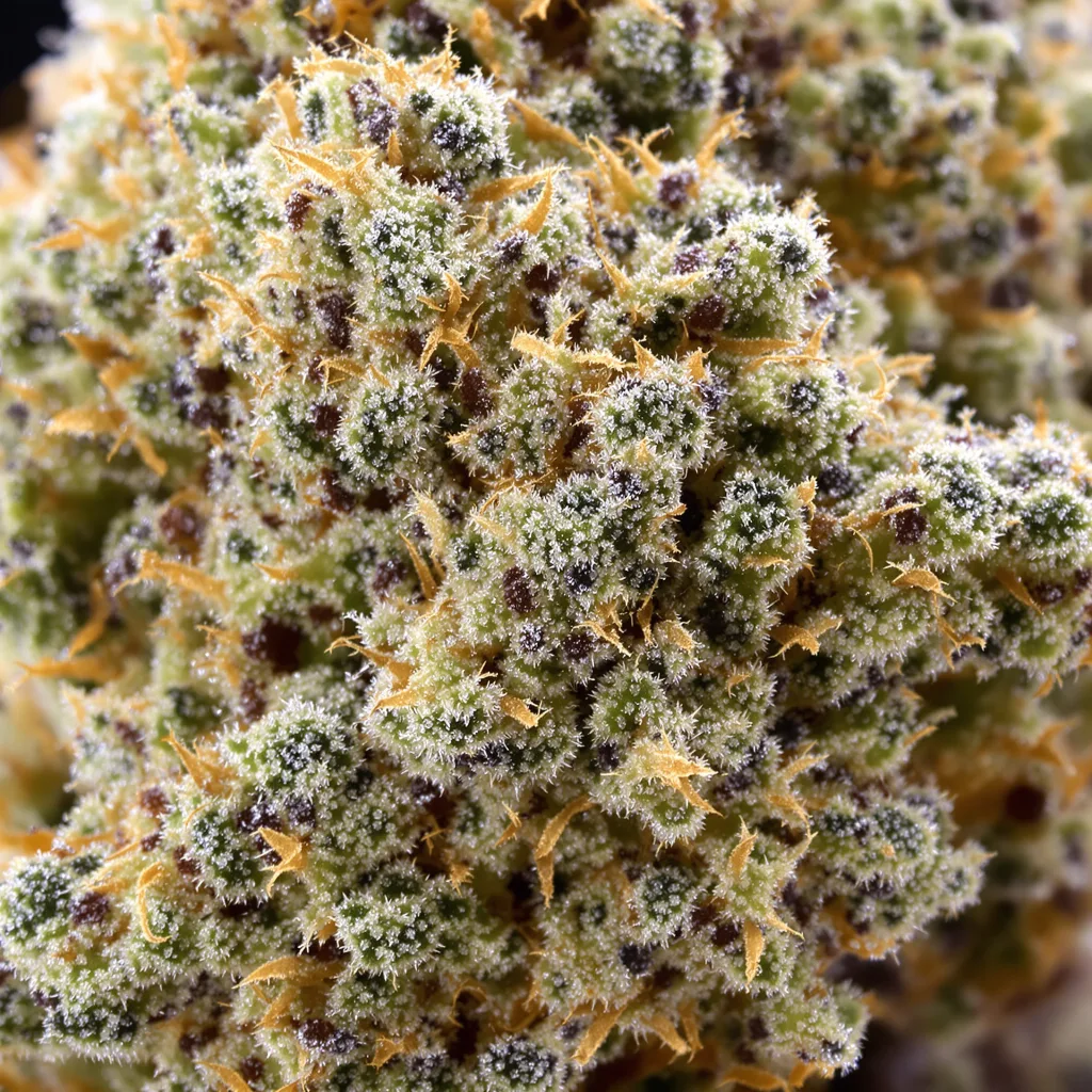 Gros plan de fleur de cannabis Green Kush montrant structure ouverte avec pistils orangés