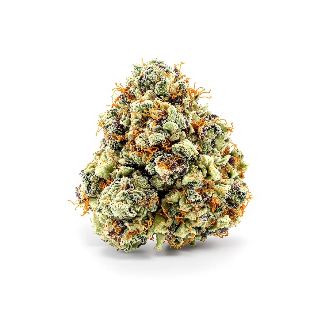 Green Kush 36% indica / 64% sativa — fleur avec trichomes visibles