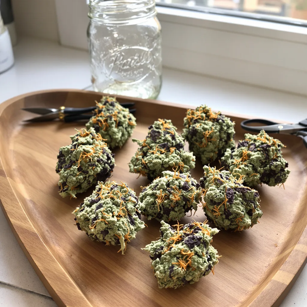 Green Line OG 63% indica / 37% sativa — fleur avec trichomes visibles