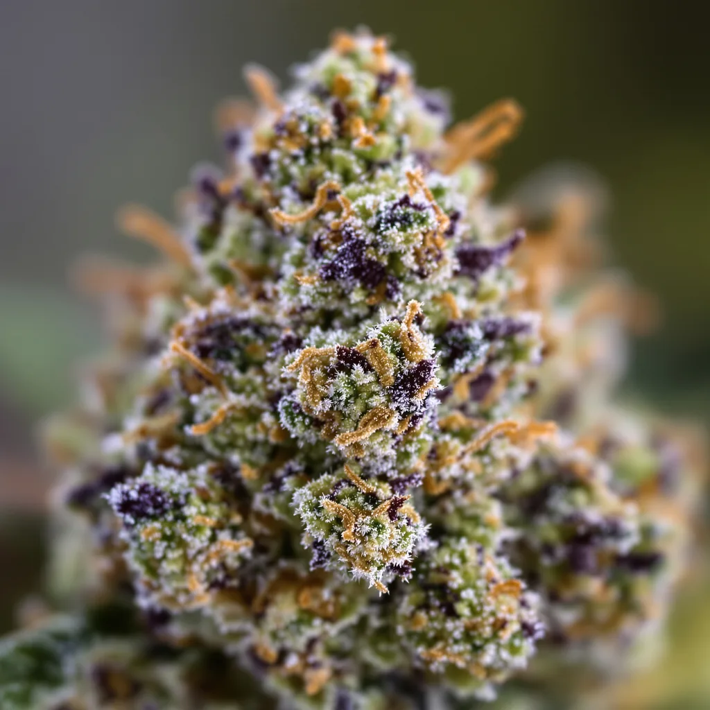 Gros plan de fleur de cannabis Green Line OG montrant nugs denses vert forêt