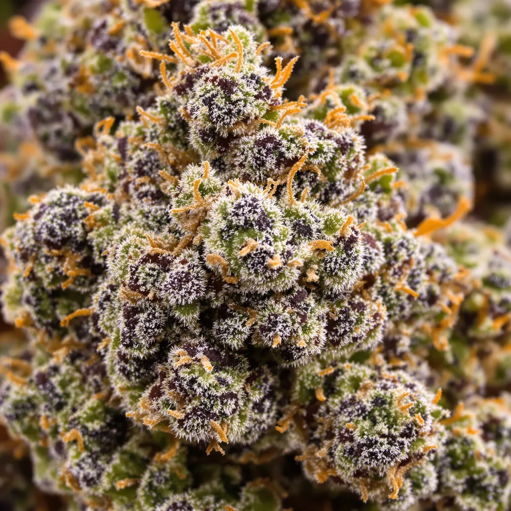 Gros plan de fleur de cannabis Green Love Potion montrant calices denses aux reflets violets