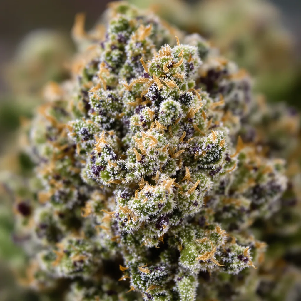 Gros plan de fleur de cannabis Green Poison montrant calices denses aux reflets violets