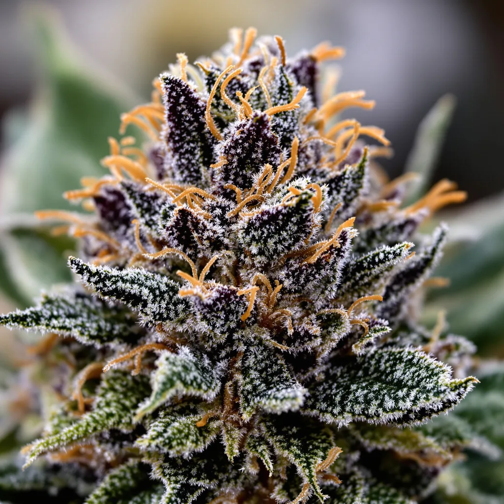 Gros plan de fleur de cannabis Green Poison montrant calices denses aux reflets violets