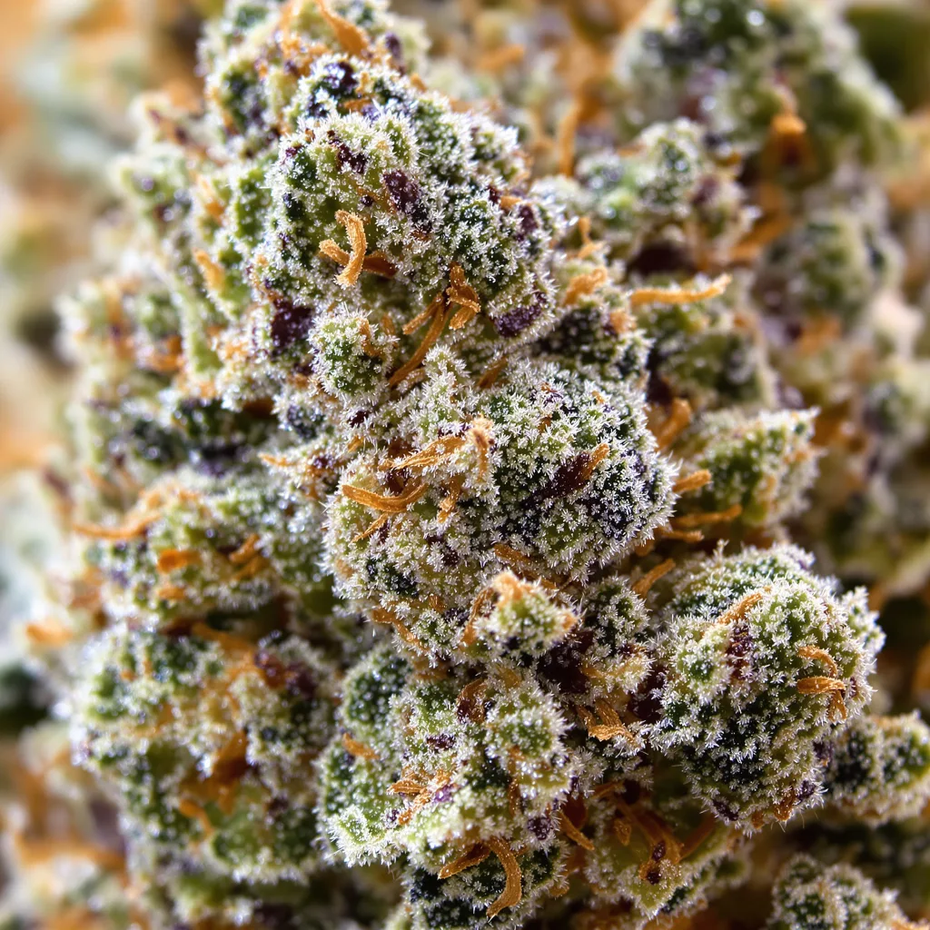 Gros plan de fleur de cannabis Green Queen montrant structure équilibrée avec trichomes givrés