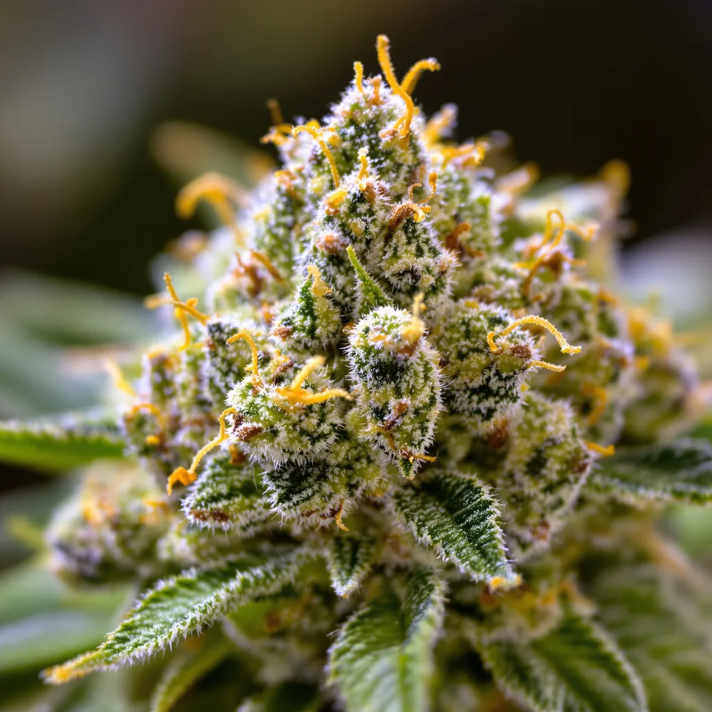 Gros plan de fleur de cannabis Grilled Cheese montrant structure aérée vert lime
