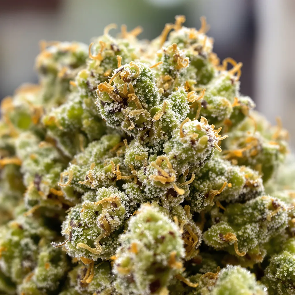 Gros plan de fleur de cannabis Grilled Cheese montrant structure aérée vert lime