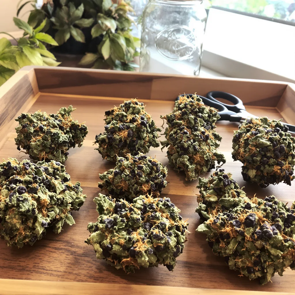 Grimace 79% indica / 21% sativa — fleur avec trichomes visibles