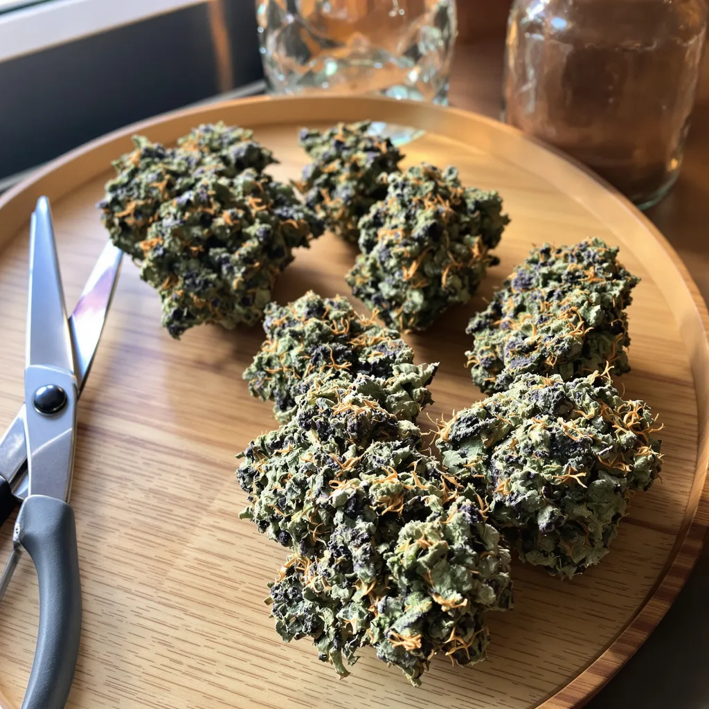 Guard Dawg 88% indica / 12% sativa — fleur avec trichomes visibles
