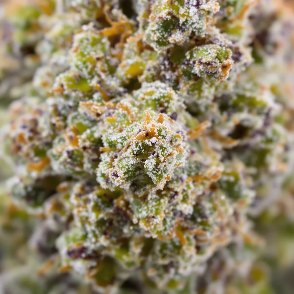 Gros plan de fleur de cannabis Guido Kush montrant structure équilibrée avec trichomes givrés