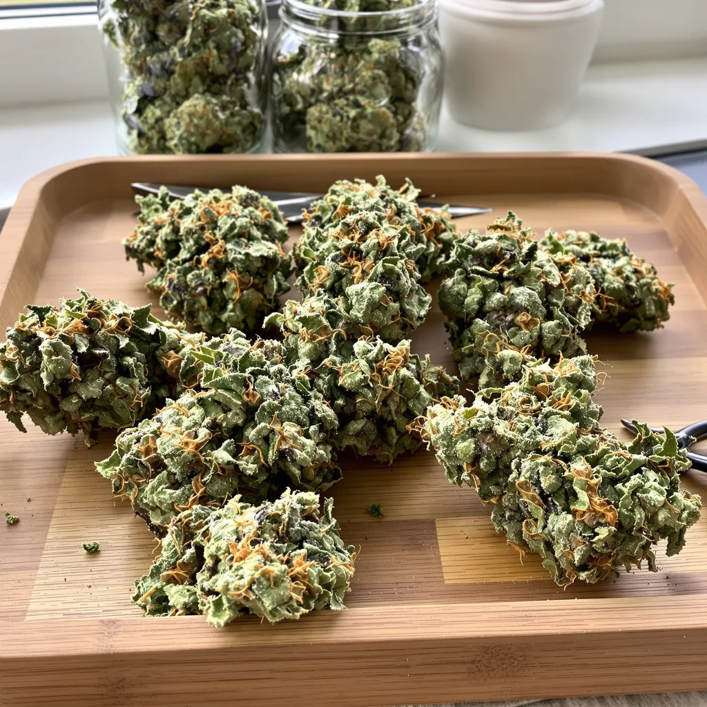 Gupta Kush 44% indica / 56% sativa — fleur avec trichomes visibles