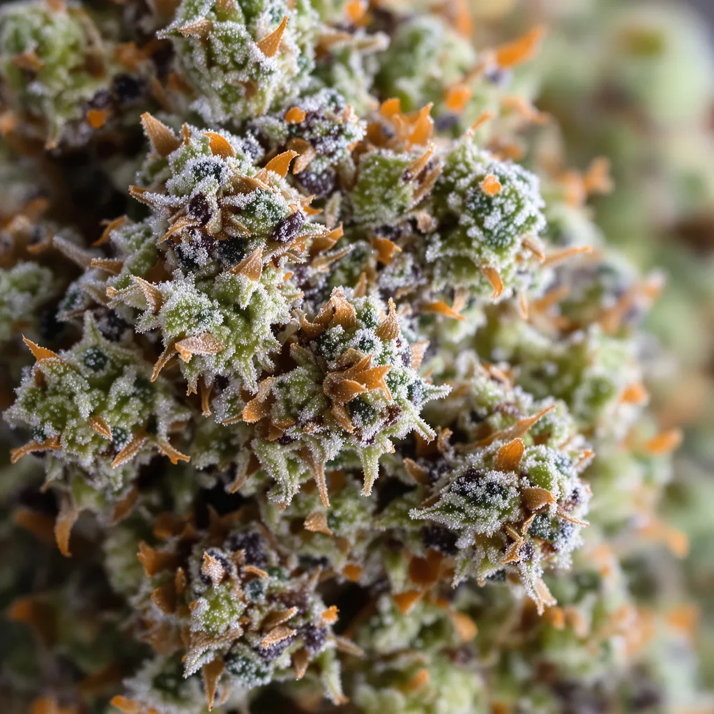 Gros plan de fleur de cannabis Gupta Kush montrant structure équilibrée avec trichomes givrés