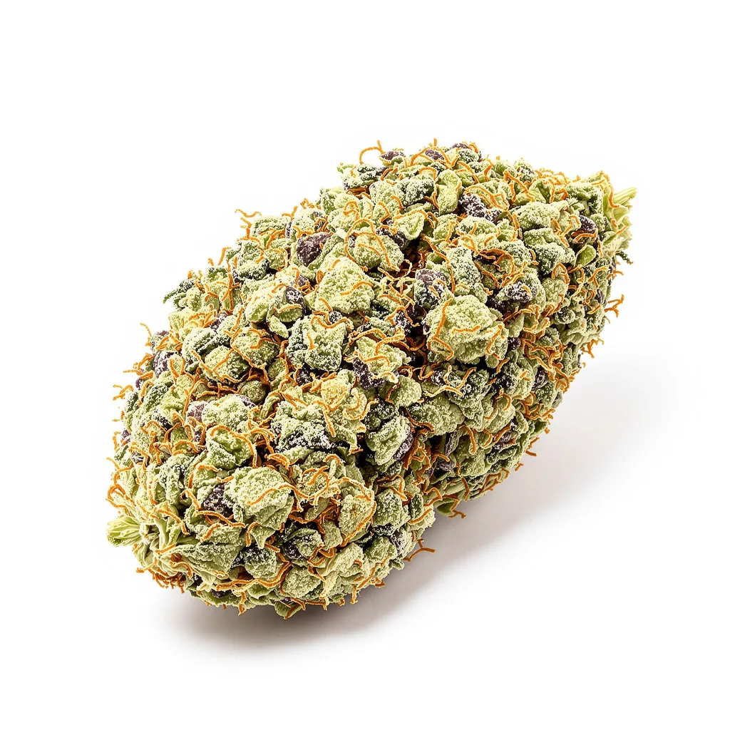 Gupta Kush 44% indica / 56% sativa — fleur avec trichomes visibles