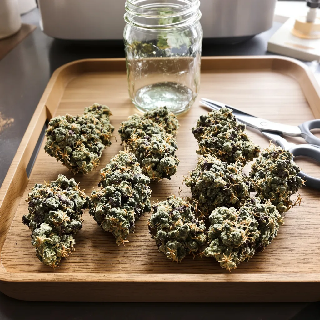 Gupta Kush 44% indica / 56% sativa — fleur avec trichomes visibles
