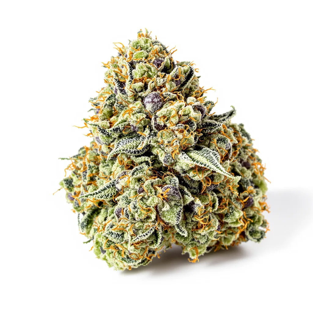 Gupta Kush 44% indica / 56% sativa — fleur avec trichomes visibles