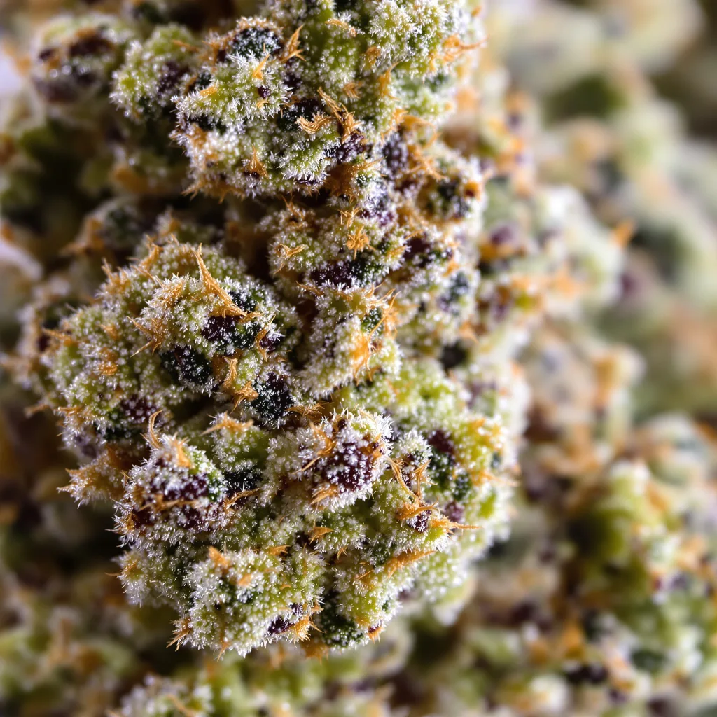 Gros plan de fleur de cannabis Guptilla montrant structure équilibrée avec trichomes givrés