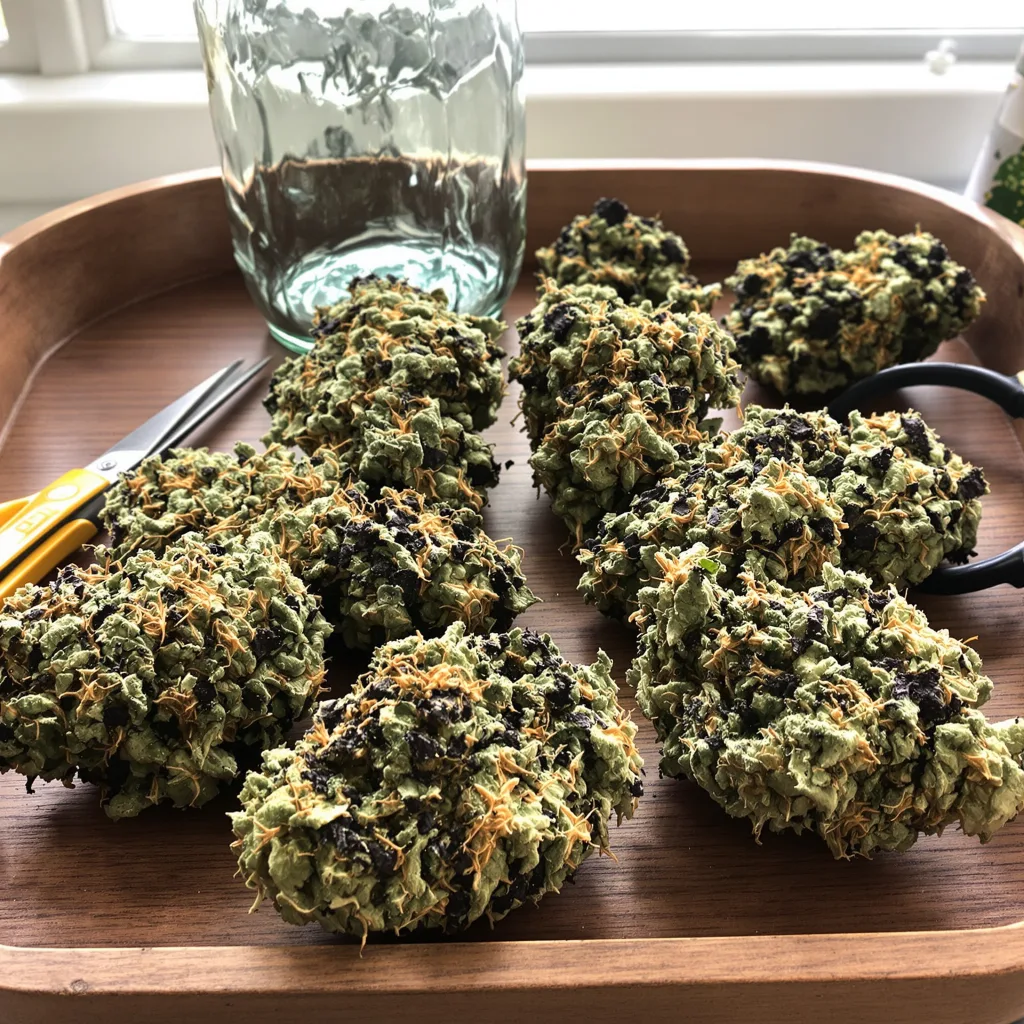 Gutbuster 77% indica / 23% sativa — fleur avec trichomes visibles