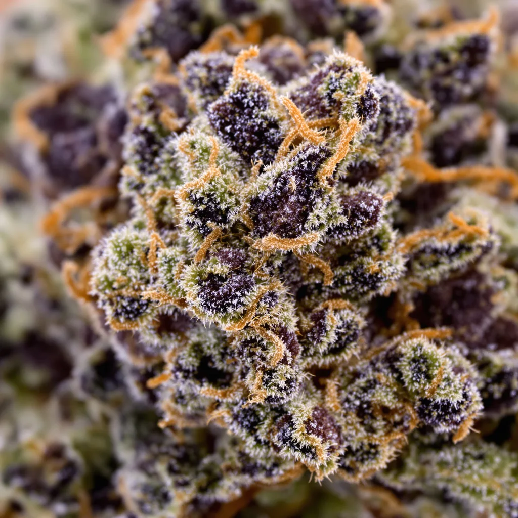 Gros plan de fleur de cannabis Gutbuster montrant calices denses aux reflets violets