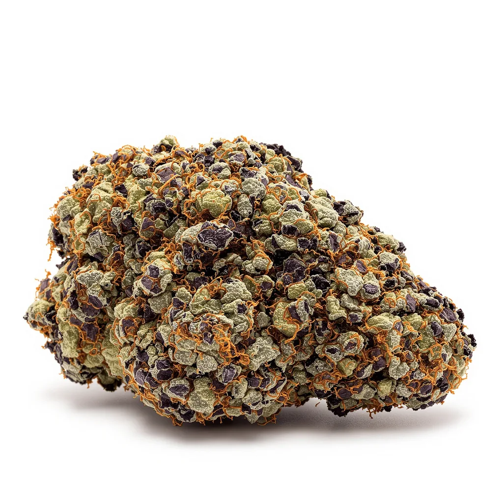 Gutbuster 77% indica / 23% sativa — fleur avec trichomes visibles