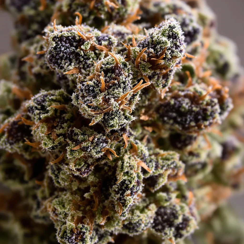 Gros plan de fleur de cannabis Hammerhead montrant calices denses aux reflets violets