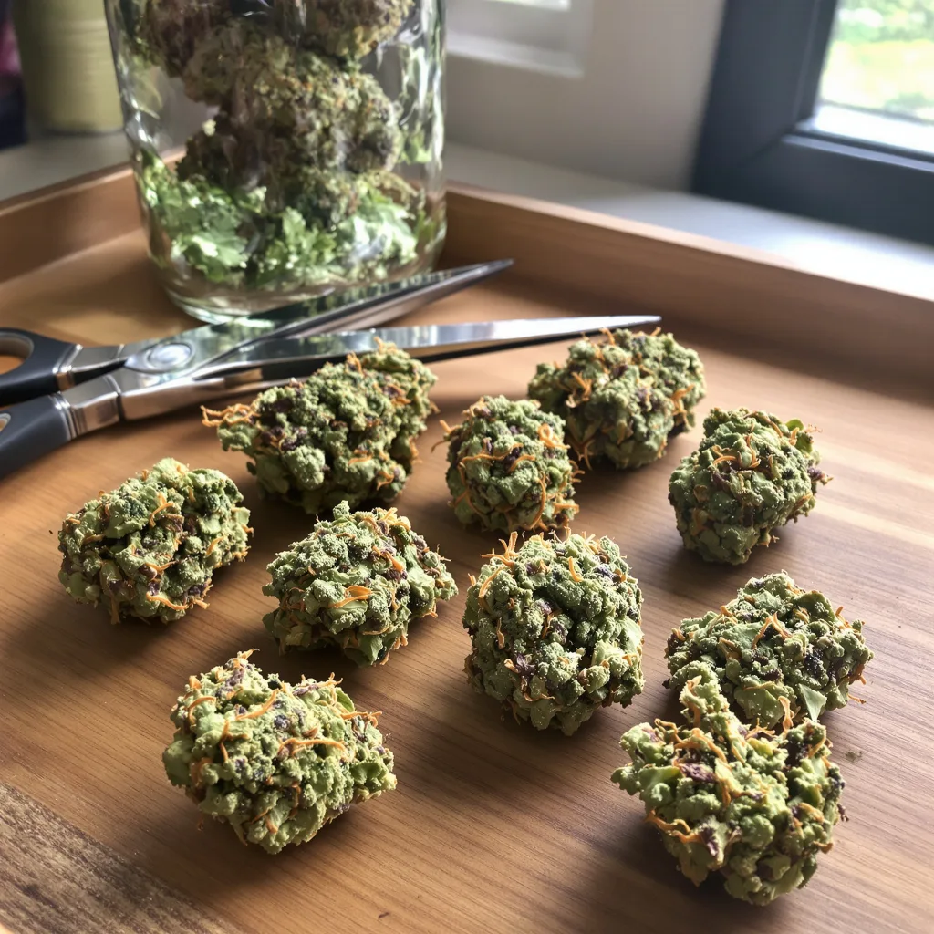 Han Burger 52% indica / 48% sativa — fleur avec trichomes visibles