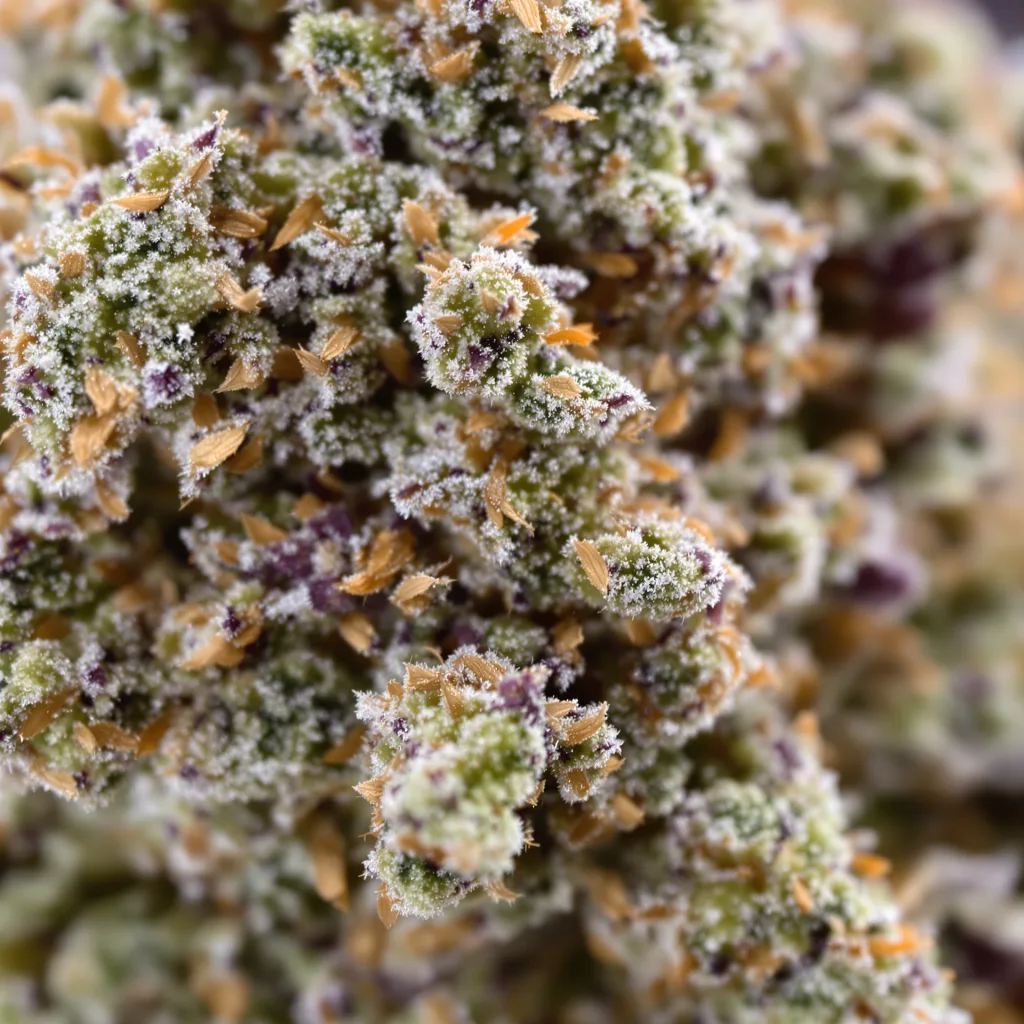 Gros plan de fleur de cannabis Han Burger montrant structure équilibrée avec trichomes givrés