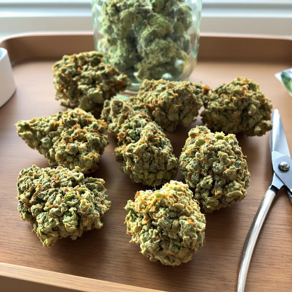 Harlequin CBD 43% indica / 57% sativa — fleur avec trichomes visibles