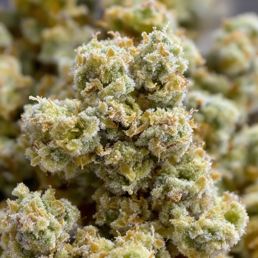 Gros plan de fleur de cannabis Harlequin CBD montrant fleur claire à faible résine