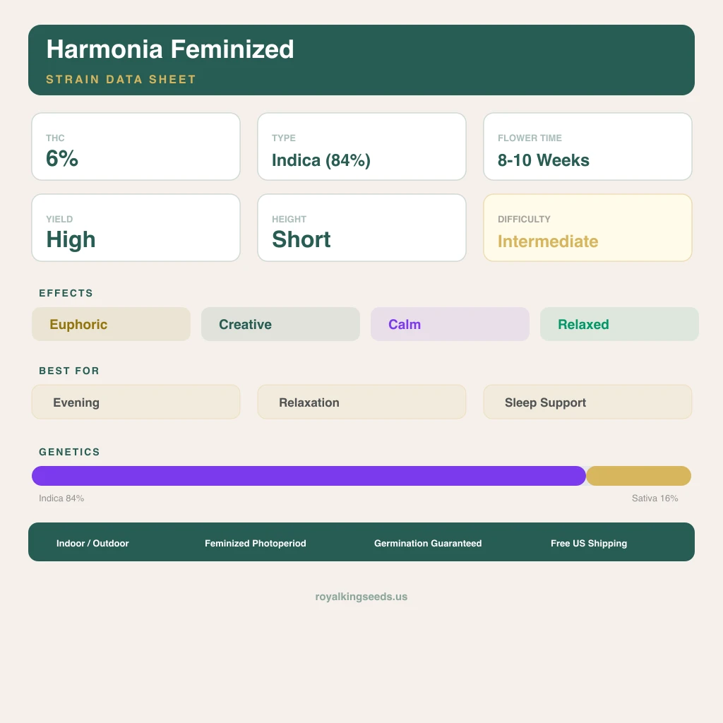 Harmonia 84% indica / 16% sativa — fleur avec trichomes visibles
